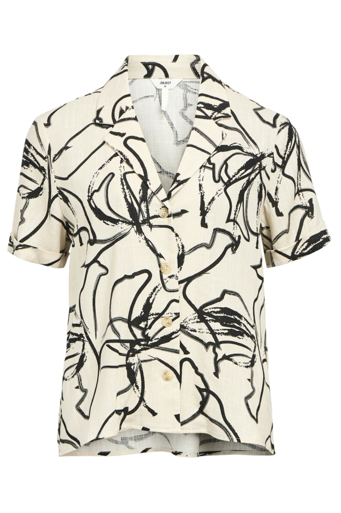 OBJSANNE S/S RE SHIRT AOP NOOS 23046486 Sanddshell\Small black strokes